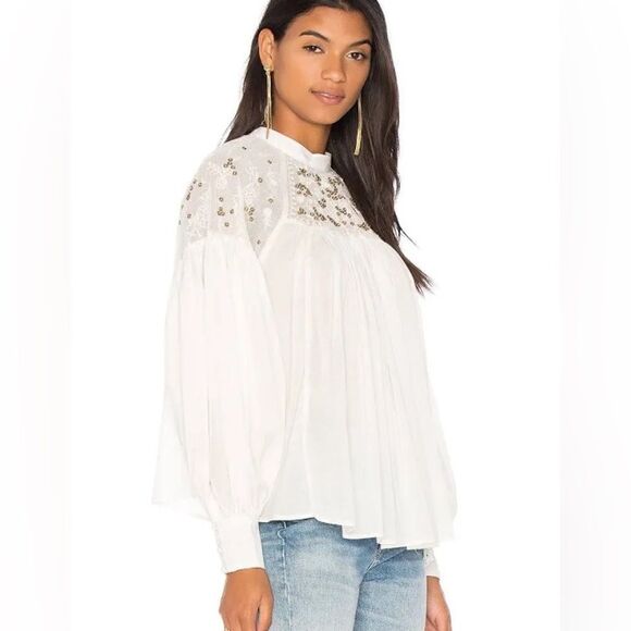 Free People Have It My Way Embroidered Top in Ivory-Bohemian Hippy Blouse - Picture 13 of 16